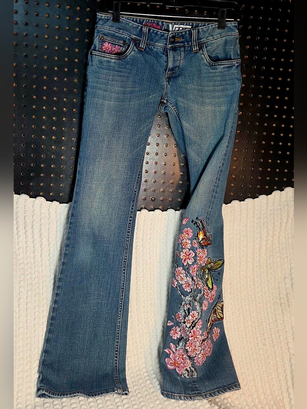 Vans Medium Blue Flare Jeans with Pink Floral Embroidery